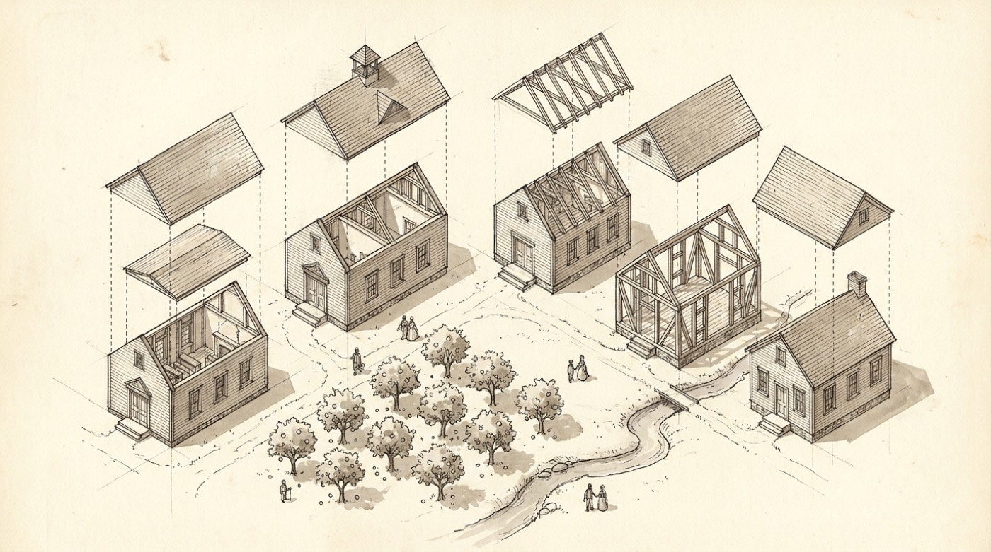 Ink drawing: a campus of nine buildings lifting apart in exploded axonometric above orchards and a creek