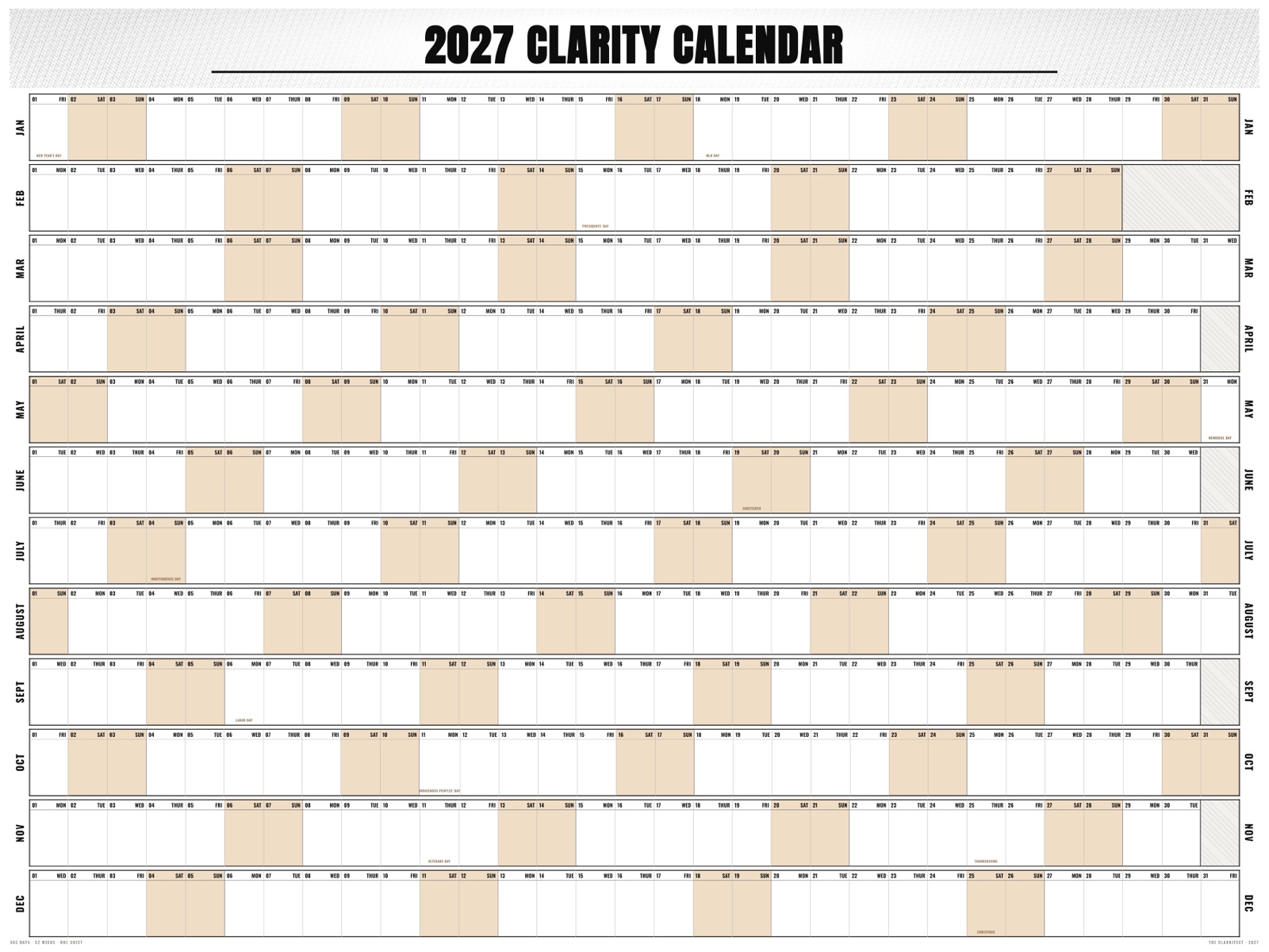The 2027 Clarity Calendar: a year-at-a-glance wall calendar, twelve month rows with shaded weekends