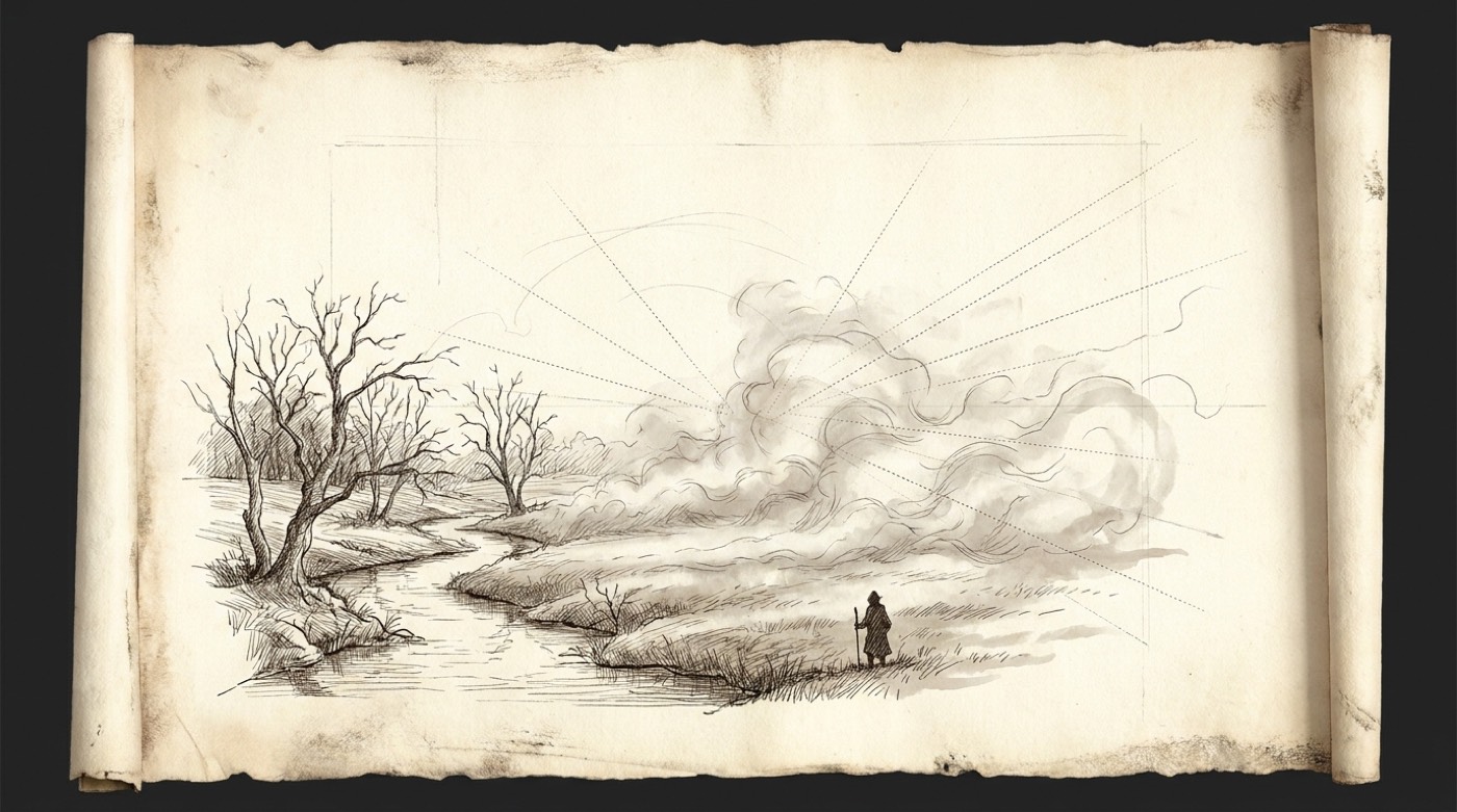 Ink drawing on a scroll: fog resting in a low field where the creek bends, a small figure watching