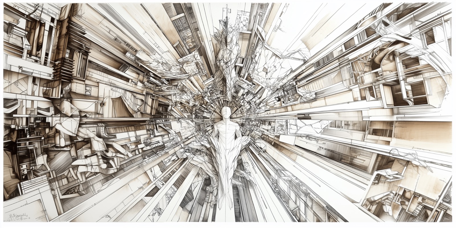 Architectural ink drawing, a figure at the vanishing point of an exploding structure
