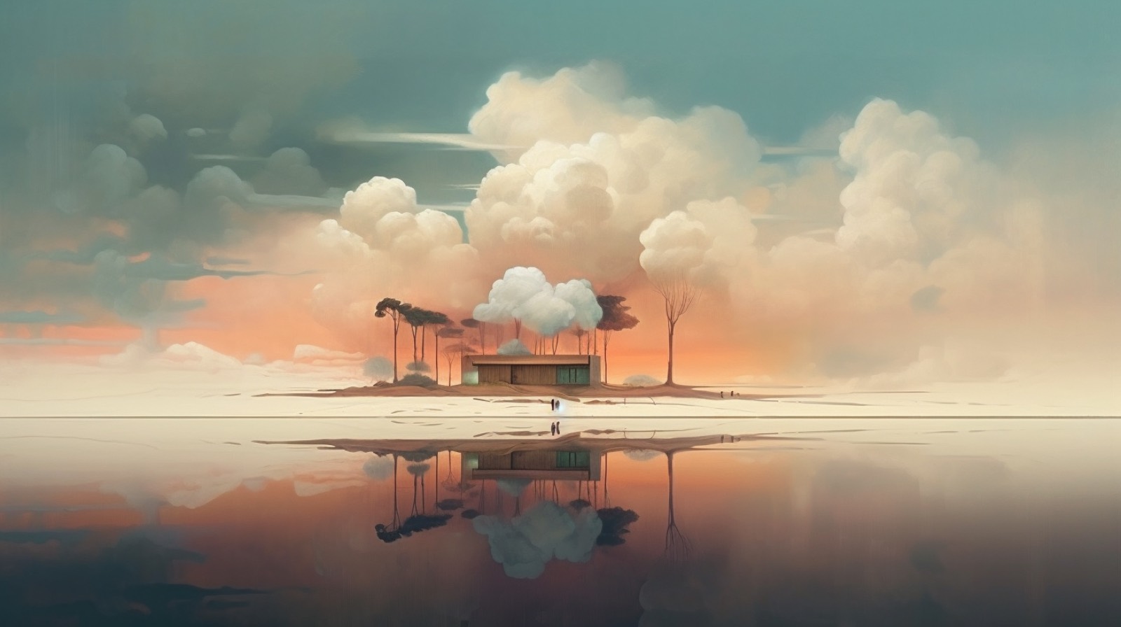 A calm house on an island under soft clouds, reflected in still water