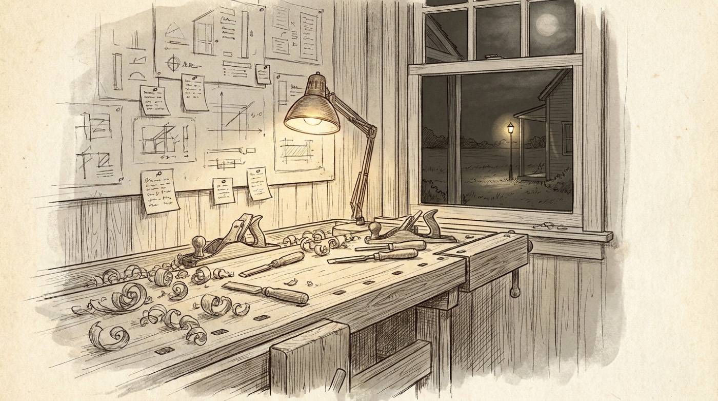 Ink drawing: a workbench under a lamp at night, sketches pinned to the wall, a porch light through the window